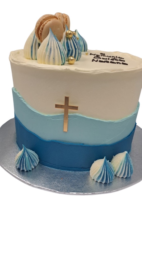 Blue ombre communion cake with gold cross by The Rós Café, Co. Clare