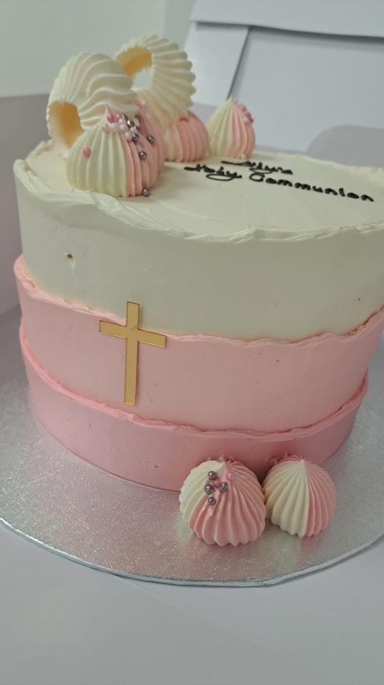 Communion cake with pink and gold detail by The Rós Café, Co. Clare
