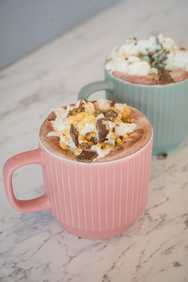 Hot chocolates with fresh cream and crushed toppings at The Rós Café, Co. Clare