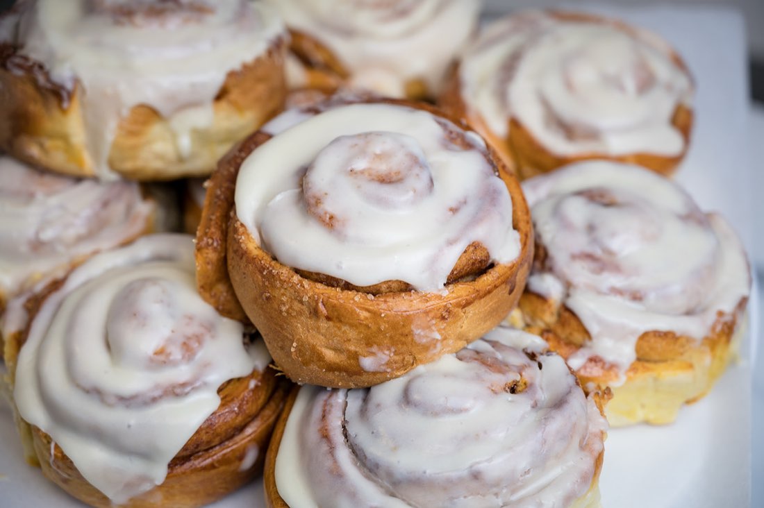 Freshly baked cinnamon rolls with cream cheese icing at The Rós Café, Newmarket on Fergus