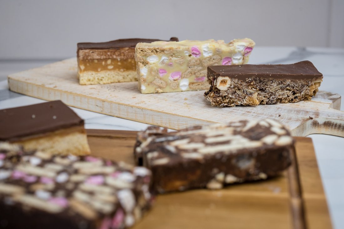 Selection of traybakes — caramel slice, rocky road and flapjack at The Rós Café, Co. Clare